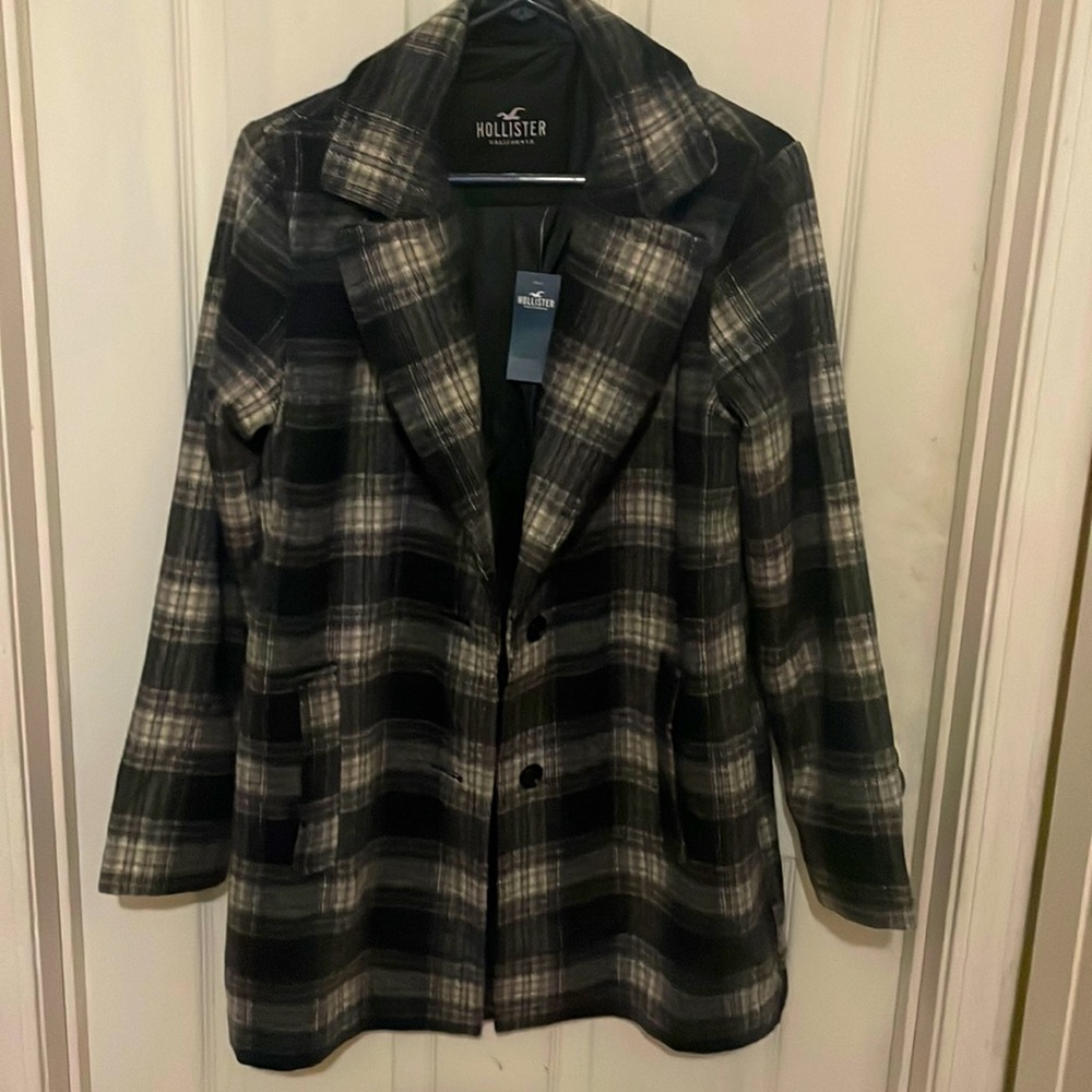 Black/Tan/white plaid pea coat